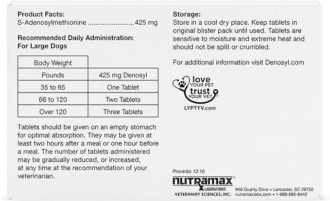 Nutramax Denosyl Liver and Brain Health Supplement for Large Dogs, With S-Adenosylmethionine (SAMe), 30 Tablets