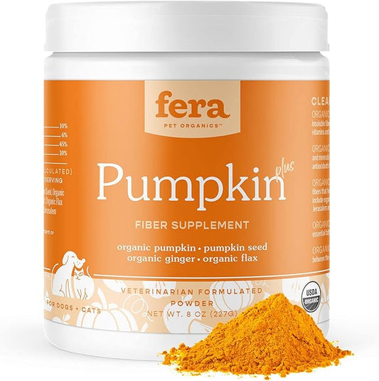 Fera Pets Pumpkin Plus Fiber Supplement for Pets - Vet Created - Dog & Cat Regularity & Gut Function - Organic Pumpkin Seeds, Flax Seeds - 90 Scoops