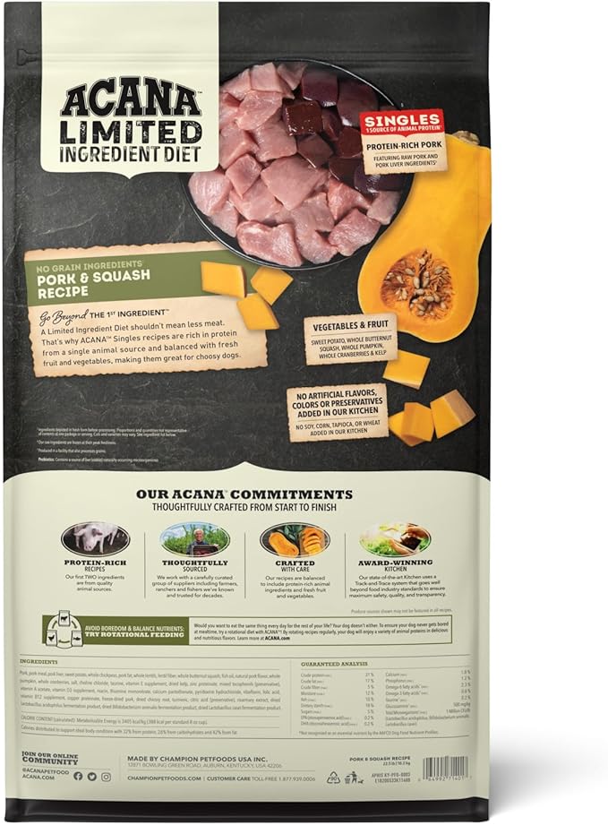 ACANA Singles Limited Ingredient Dry Dog Food, Grain Free, High Protein, Pork & Squash Recipe, 22.5 lb