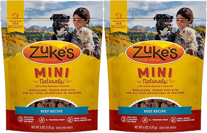 Zuke's Mini Naturals Dog Training Treats, Beef Recipe, Soft Mini Dog Treats with Vitamins & Minerals, Made for All Breed Sizes (Beef, 6 Ounce (Pack of 2))