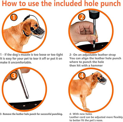 Dog Muzzle, Dog Metal Face Basket, Dog Mouth Breathable Adjustable Leather Leash Suitable for Large Medium-Sized Dogs (L)
