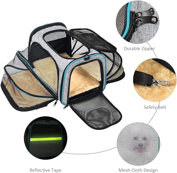 Pet Carrier Airline Approved, Expandable Foldable Soft-Sided Dog Carrier, 3 Open Doors, 2 Reflective Tapes, Pet Travel Bag Safe and Easy for Cats and Dogs