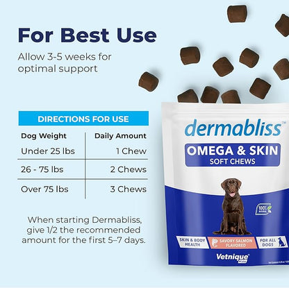 Vetnique Dermabliss Omega & Skin Health Fish Oil for Dogs Soft Chews Healthy Skin & Coat for Dogs with Biotin & DHA - Hickory Salmon Dog Treats (30ct Chews)