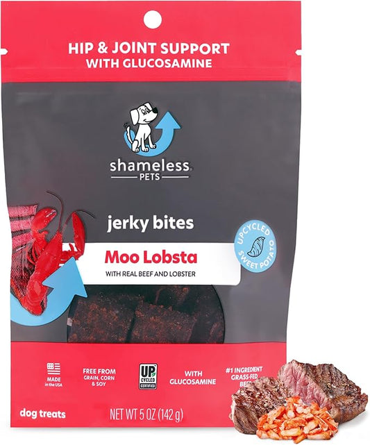 Shameless Pets Jerky Dog Treats, Moo Lobsta - Healthy Dog Chews for Dogs Hip & Joint Support with Glucosamine - Dog Treats with Real Grass-Fed Beef & Lobster - Free from Grain, Corn & Soy - 1-Pack