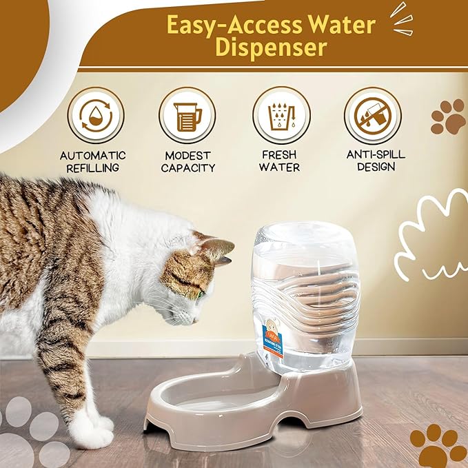 Flexzion Pet Water Dispenser Station, Beige (1/4 Gallon) Auto Replenish Gravity Waterer Drinking Fountain Bottle Bowl Dish Portable Stand for Small Dog Cat