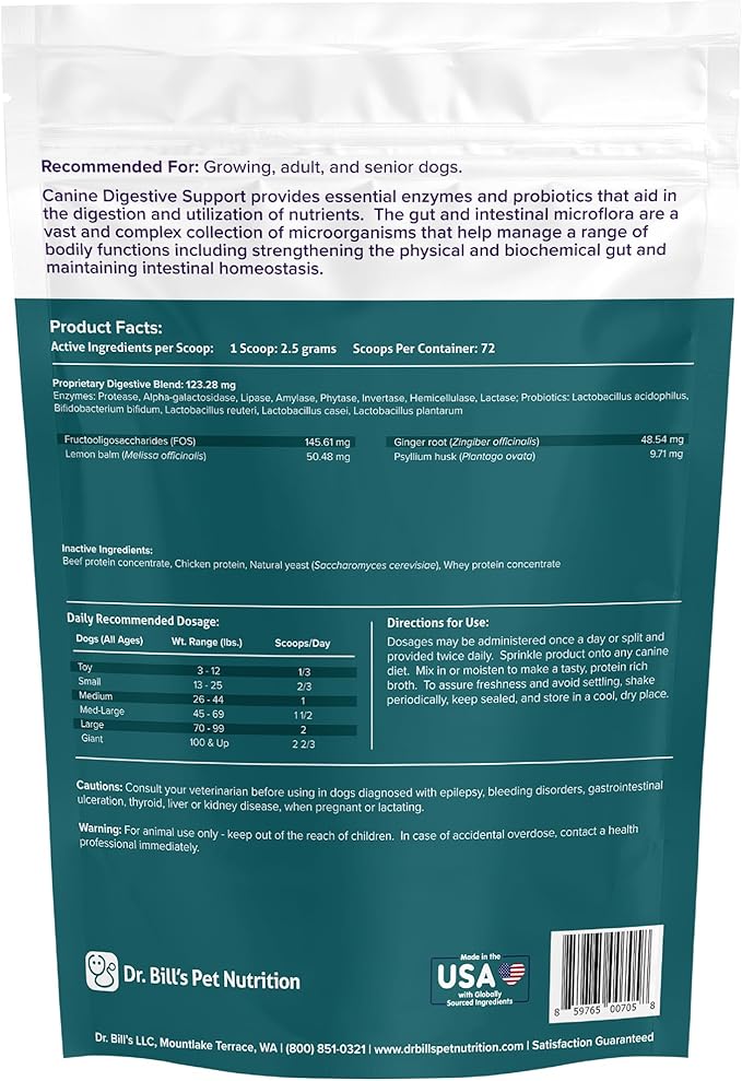 Dr. Bill’s Canine Digestive Support | Probiotics & Prebiotics for Dogs | Gut Health Pet Supplements | Contains Ginger Root, Psyllium Husk, Lemon Balm and Bifidobacterium