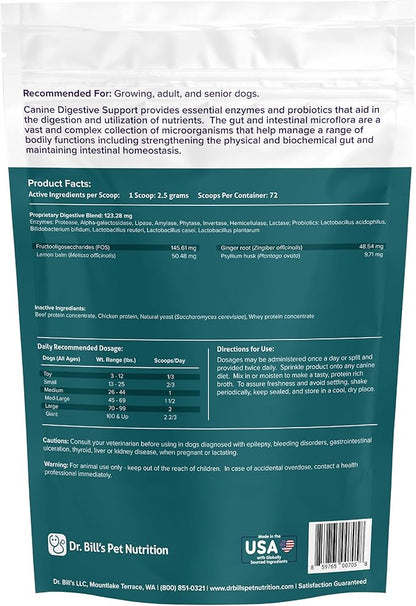 Dr. Bill’s Canine Digestive Support | Probiotics & Prebiotics for Dogs | Gut Health Pet Supplements | Contains Ginger Root, Psyllium Husk, Lemon Balm and Bifidobacterium