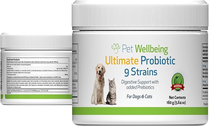 Pet Wellbeing - Ultimate Probiotic 9 Strains for Cats and Dogs - Natural Support for Digestion and Urinary Tract Health 160 grams.