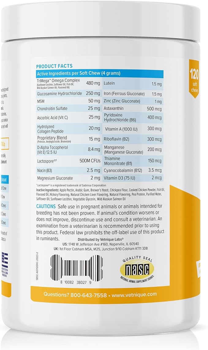 Vetnique Seniorbliss Senior Dog Multivitamin with Glucosamine, Omega 3 Fish Oil, and Probiotics - for Dog Joints, Digestive and Immune Support for Optimal Health (All-in-One Daily Vitamin, 120ct)
