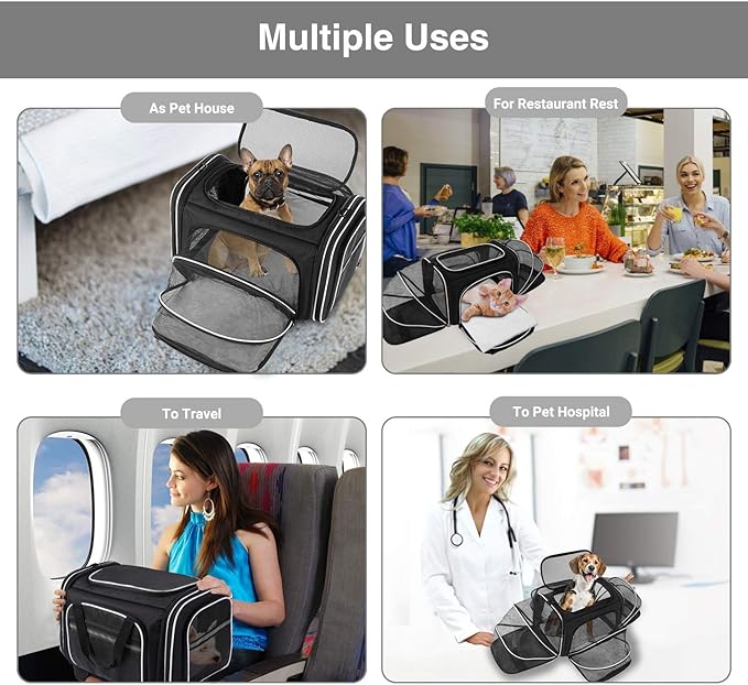 Airline Approved Expandable Pet Carrier with Mesh Pockets, Shoulder Strap, Washable Pads - For 2 Cats, Kittens, Puppies, Dogs