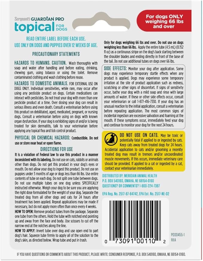 Sergeant's Guardian Pro Flea & Tick Squeeze On Topical for Dogs, 66+ lbs., 3 Count