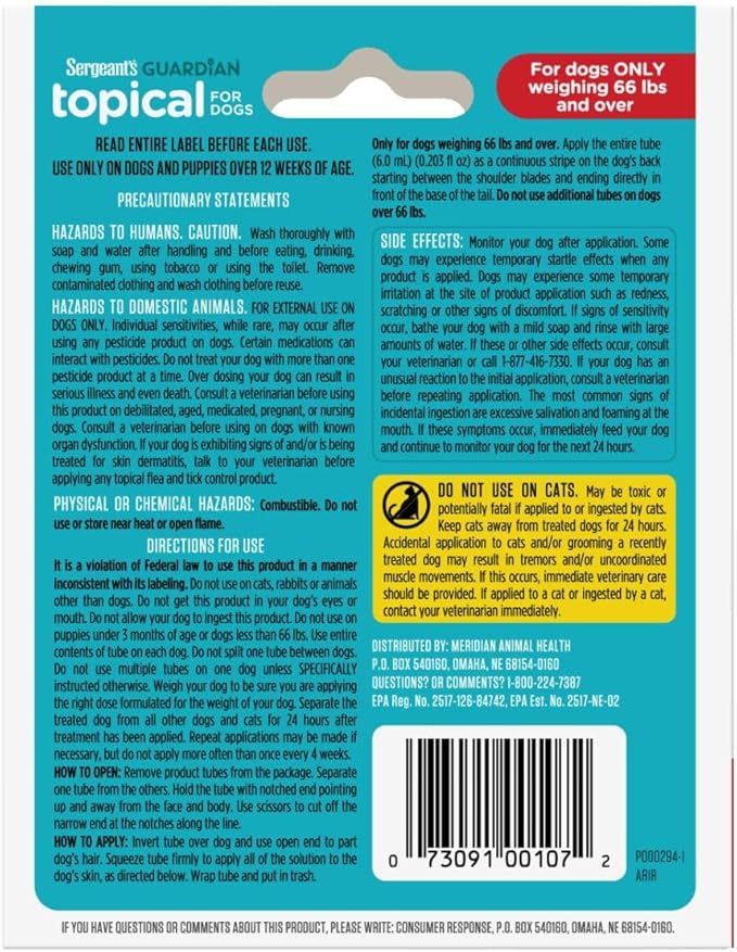 Sergeant's Guardian Flea & Tick Squeeze On Topical for Dogs, 66+ lbs., 3 Count
