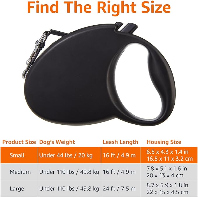 Amazon Basics Retractable Dog Leash, Small - 16ft, Black