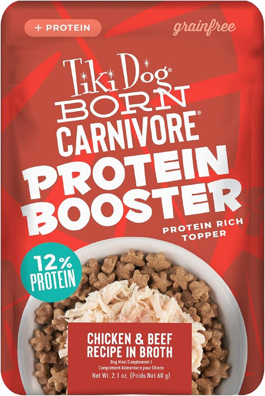 Tiki Dog Born Carnivore Protein Booster Dog Food Topper, Chicken and Beef Recipe in Broth, 2.1 oz. Pouch (12 Count)
