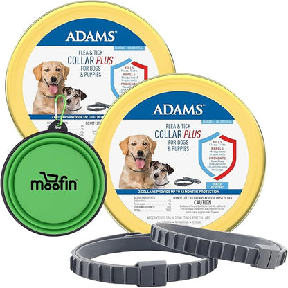 Flea & Tick Collar Plus for Dogs, 1.94 Oz, 12-Month Protection, Adjustable Fit, Flea & Tick Collar for Dogs Bundle with Moofin Silicon Pet Bowl, Kills & Repels Pests, One Size Fits All [2-Pack]