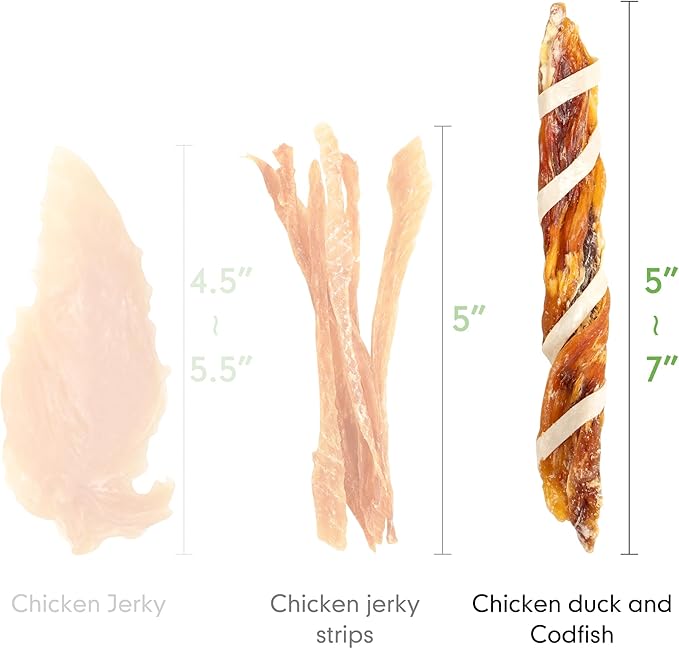 MON2SUN Dog Treats, Triple Flavor Jerky Twist Sticks, 5-7 Inch Chicken Duck and Codfish Sticks Dog Chews for Small Dogs, Healthy Dog Snacks, 10.58 oz (15 Count-Pack of 1)