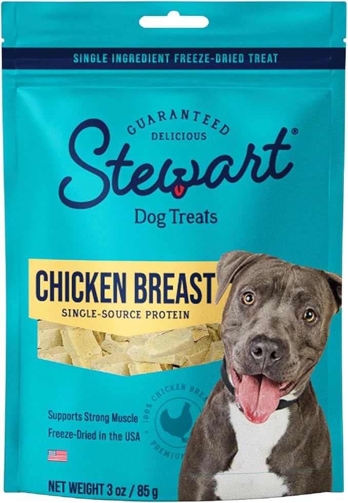 Stewart Freeze Dried Dog Treats, Chicken Breast, 3 oz, Grain Free & Gluten Free, Resealable Pouch, Single Ingredient, training treat in Beef Liver, Salmon, Chicken Liver & Chicken Breast 4, 14, 21 oz