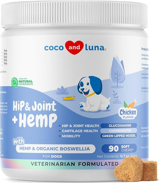Joint Supplement for Dogs - 90 Soft Chews - with Green Lipped Mussel, Glucosamine, Turmeric, Fish Oil, MSM and Yucca Schidigera (Hip + Hemp Soft Chew)