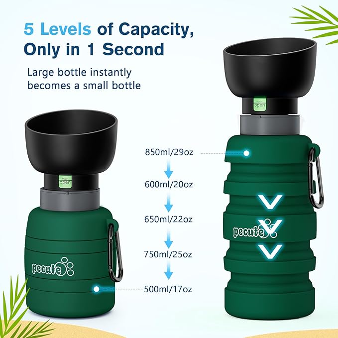 Pecute Dog Water Bottle Portable, 29oz Dog Foldable Water Bottle with Folding Bowl & Clip, 100% Food Grade Silicone, 5 Levels Capacity, Dog Water Bottle for Outdoor Walking, Hiking, Travel(Green)