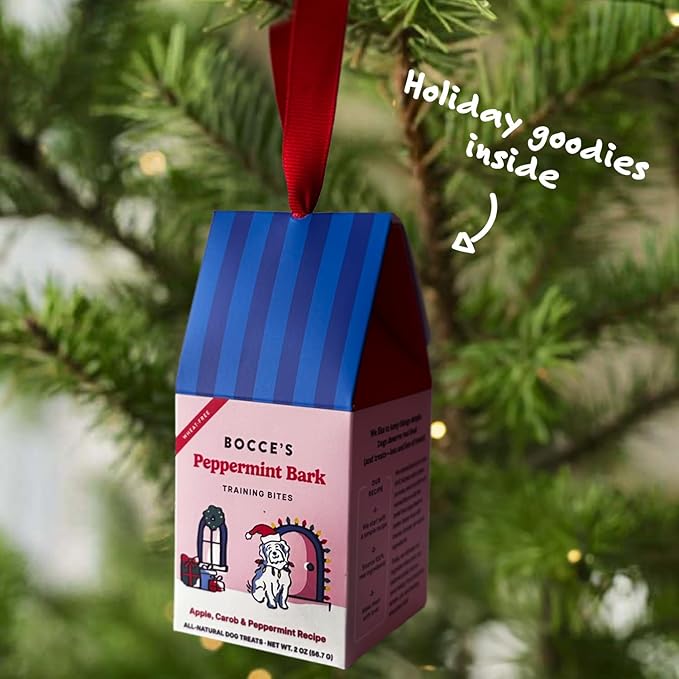 Bocce's Bakery All-Natural, Seasonal, Peppermint Bark Training Bites for Dogs, Wheat-Free, Limited Ingredient Training Treats in Ornament Box, Inspired by Christmas, 2 oz