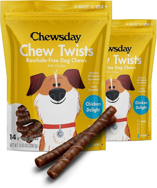 6-Inch Chewy Dog Chew Twists, Made in The USA, All Natural Rawhide-Free Highly-Digestible Treats, Chicken Delight - 28 Count
