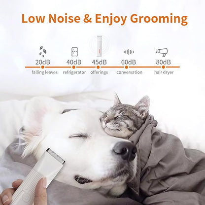 Dog Clippers Grooming Kit with Nail Grinder, 4-in-1 Low Noise Dog Clippers for Grooming, Cordless Dog Paw Trimmer, Washable Attachment Heads, Pet Hair Clippers for Small Dogs/Cats/Rabbit