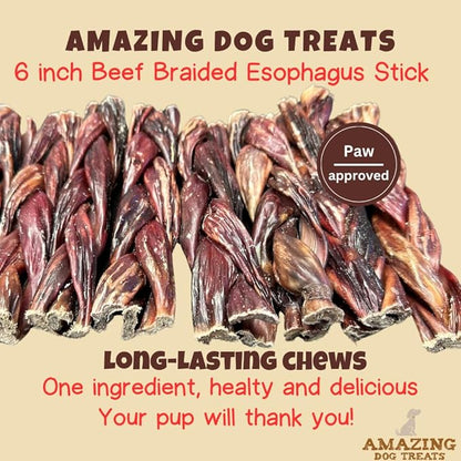 Amazing Dog Treats - 6 Inch Extra Thick Braided Gullet Stick (4 Pc/Pack) - Dog Jerky Treats - Beef Esophagus -Gullet Sticks for Dogs - Braided Gullet Sticks Dog Chews - Beef Esophagus Dog Treats