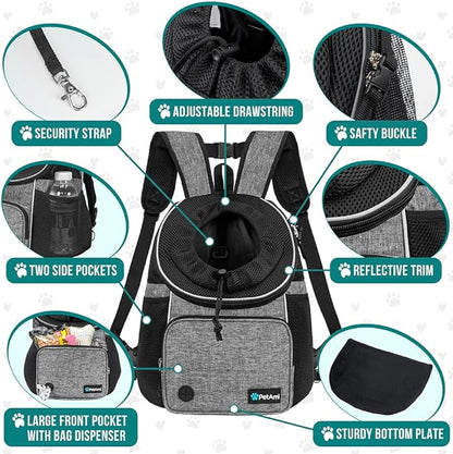 PetAmi Dog Front Carrier Backpack, Adjustable Dog Pet Cat Chest Carrier Backpack, Ventilated Dog Carrier for Hiking Camping Travel, Small Medium Dog Puppy Large Cat Carrying Bag, Max 15 lbs, Gray