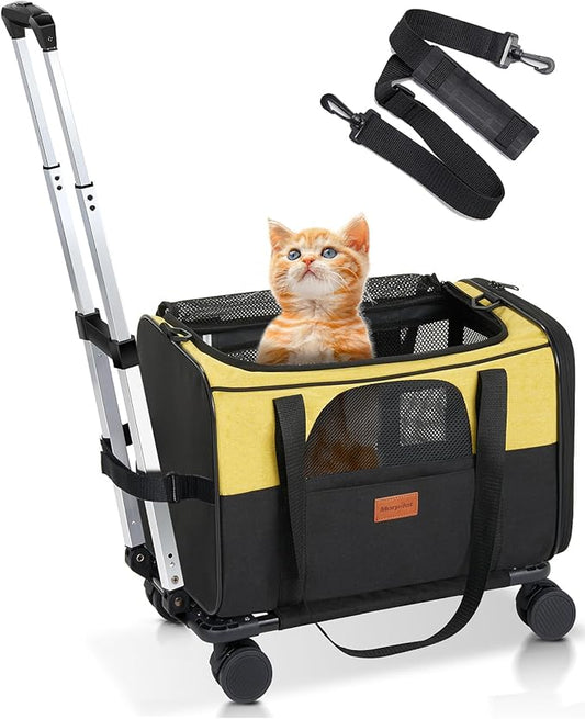 Morpilot Cat Carrier with Wheels Airline Approved, Pet Dog Carrier with Wheels for Small Dogs, Rolling Cat Carrier for Large Cats Puppy Stroller Detachable and Foldable Pet Travel Bag Black&Yellow