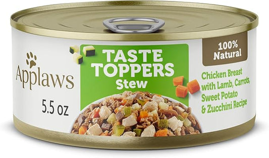 Applaws Taste Toppers, Natural Dog Food Topper, 12 Count, Limited Ingredient, Grain Free, Meal Topper for Dogs, Chicken & Lamb Stew with Carrot, Courgette and Sweet Potato Stew, 5.5oz Dog Food Cans