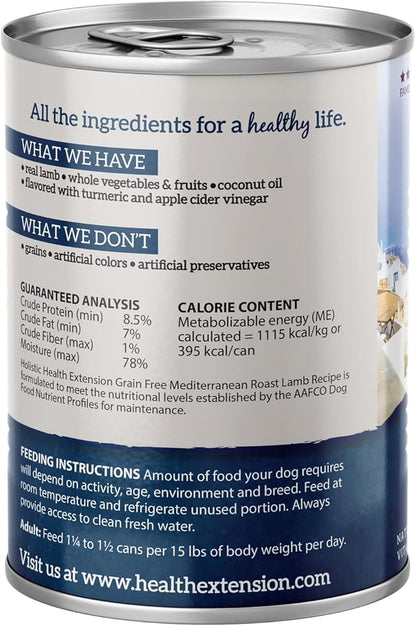 Health Extension Dog Food, Mediterranean Roast Lamb Recipe - 12.5 oz, Grain Free, Added Vitamins & Minerals, for All Life Stages, Vet Formulated, Improve Gut Health, Immune Support (Case of 12 Cans)