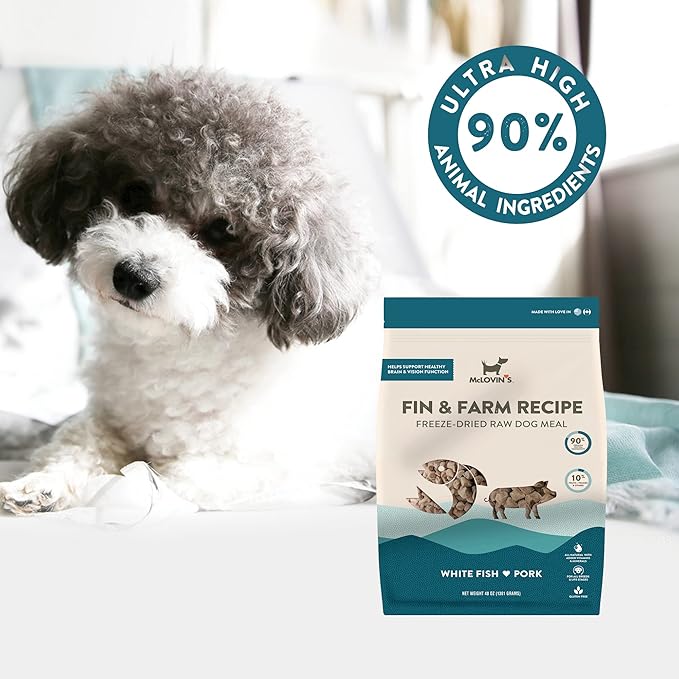 McLovin's Freeze Dried Dog Food, Fin and Farm Recipe (48 oz) - Premium Raw, Grain and Gluten Free - Made in North America - an Ideal Meal or Dog Food Topper, for All Ages and Sizes - No Refrigeration