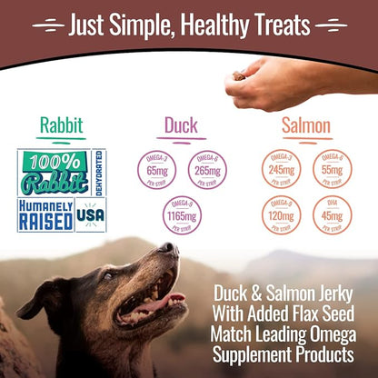 Jerky Dog Treats - 3 Flavor Variety Pack - Rabbit, Salmon & Duck Jerky Dog Treats - Training Treats for Dogs, Puppies with Allergies, Sensitive Stomachs - Grain Free, Made in USA - 3oz