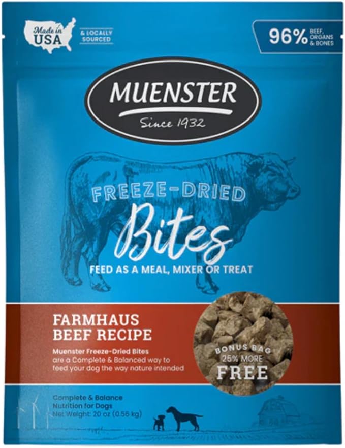 Muenster Freeze Dried Dog Food Topper Bites (20oz) - Farmhaus Beef Freeze Dried Raw Dog Food w/Organic Minerals - Beef & Organ Meats Meal Toppers for Dogs - Freeze Dried Dog Treats for Training