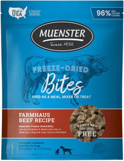 Muenster Freeze Dried Dog Food Topper Bites (20oz) - Farmhaus Beef Freeze Dried Raw Dog Food w/Organic Minerals - Beef & Organ Meats Meal Toppers for Dogs - Freeze Dried Dog Treats for Training