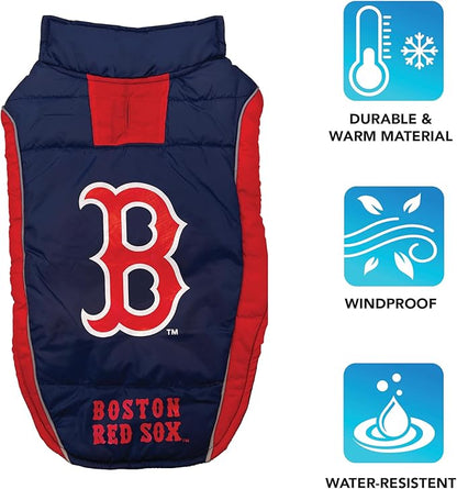 MLB Boston Red Sox Puffer Vest for Dogs & Cats, Size Medium. Warm, Cozy, and Waterproof Dog Coat, for Small and Large Dogs/Cats. Best MLB Licensed PET Warming Sports Jacket