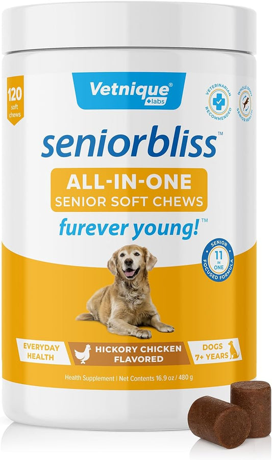 Vetnique Seniorbliss Senior Dog Multivitamin with Glucosamine, Omega 3 Fish Oil, and Probiotics - for Dog Joints, Digestive and Immune Support for Optimal Health (All-in-One Daily Vitamin, 120ct)