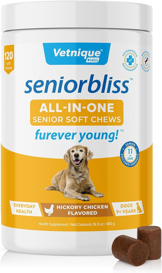 Vetnique Seniorbliss Senior Dog Multivitamin with Glucosamine, Omega 3 Fish Oil, and Probiotics - for Dog Joints, Digestive and Immune Support for Optimal Health (All-in-One Daily Vitamin, 120ct)