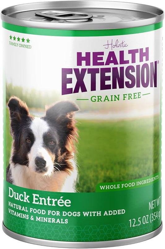 Health Extension Wet Dog Food Canned, Gluten & Grain-Free, Natural Food for All Dogs with Added Vitamins & Mineral, Duck Entree (12.5 Oz / 374 g) (Pack of 12)