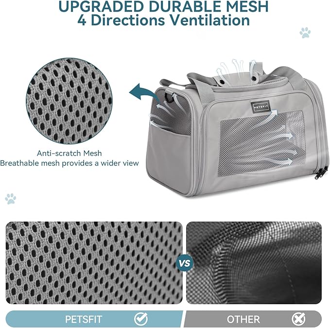 PETSFIT Dog Carrier for Small Dogs, Cat carrier for 2 Cats Under 25 Lbs, Collapsible Travel Puppy Carrier, Pet Carrier with Cozy Extendable Mat (Large, Grey)