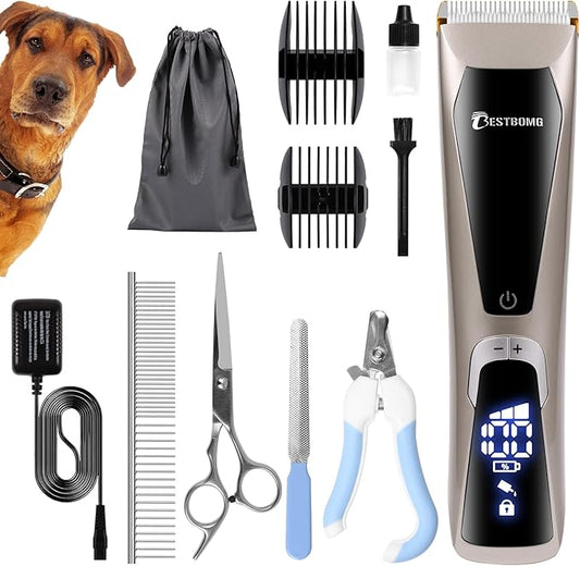 BESTBOMG Professional Dog Grooming Clippers for Thick Heavy Coats,3-Speed Low Noise High Power Rechargeable LED Display Cordless Pet Shaver with Waterproof Dog Shaver for Small & Large Dogs Cats