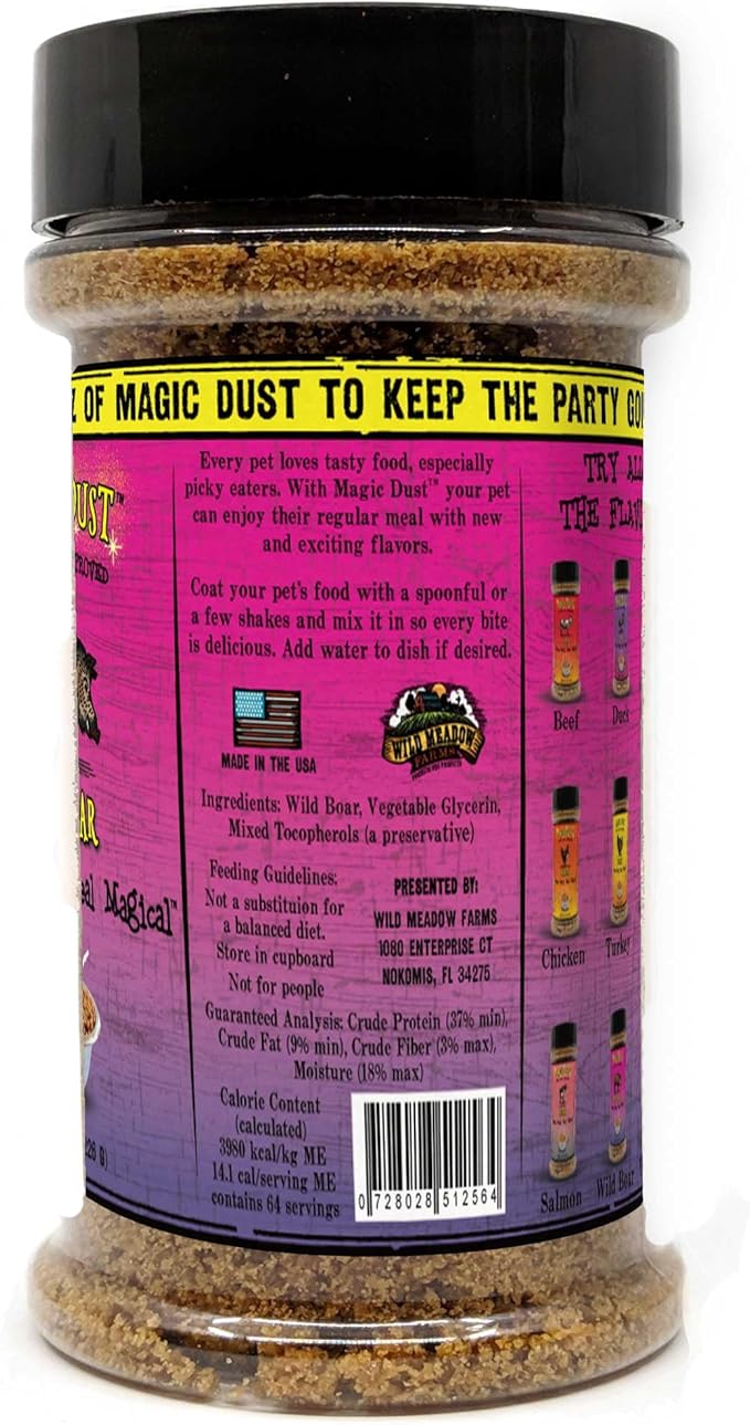 Wild Meadow Farms - Magic Dust Wild Boar Jerky Topper, Single Protein Pet Food Topper for Dogs & Cats, Enhance Flavor & Elevate Mealtime Excitement for Picky Eaters, Made in USA - 8 Ounce Bottle