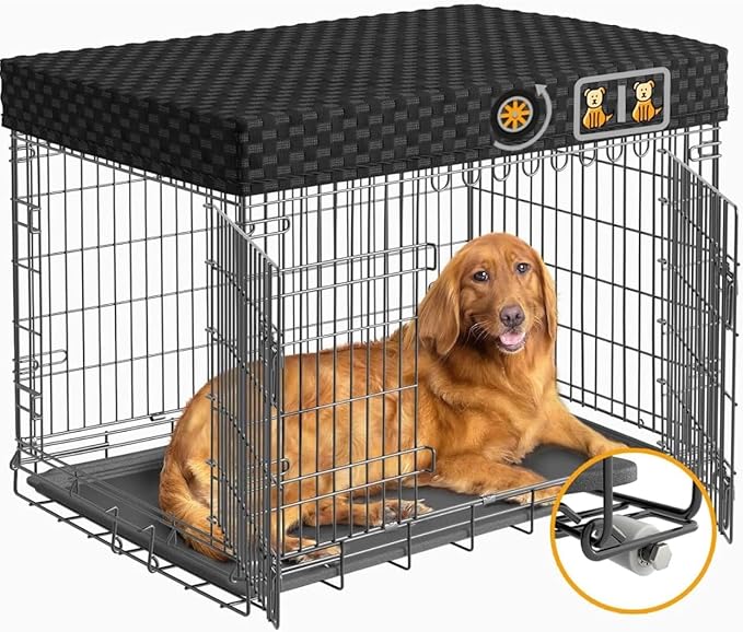 42 Inch Dog Crate with Divider - XL Dog Kennel Extra Large Cage with Wheels and Topper Double Door Big Collapsible Dog Crates for XLarge Dogs Indoor Metal Wire X Large Pet Cages