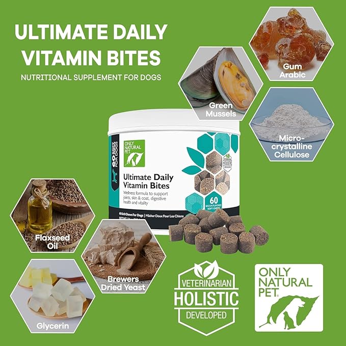 Only Natural Pet Ultimate Daily Vitamins - Complete Multivitamin Supplement for Dogs Balanced Health & Vitality - Senior Small & Large Canine Food Immune Digestive Support -60 Soft Chews (Pack of 2)