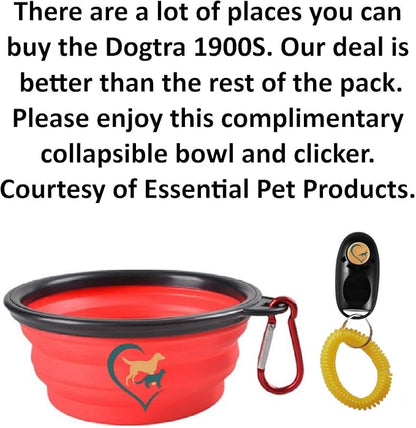 Dogtra 1900S Remote Dog Training Collar - 3/4 Mile Range, Waterproof, Rechargeable, Vibration - includes Essential Pet Products Dog Training Clicker and Collapsible Food and Water Bowl