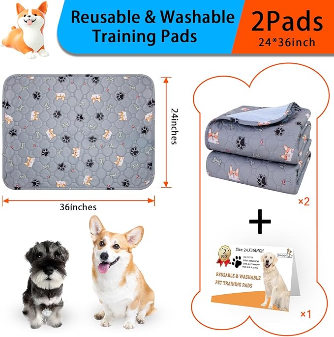 Washable Pee Pads for Dogs - Super Absorbent Reusable Puppy Pads 2Pack 24''x36'' Waterproof Dog Pee Pads Non-Slip Whelping Pads Leakproof Urine Pet Training Pads for Potty Wshable Puppy Pads