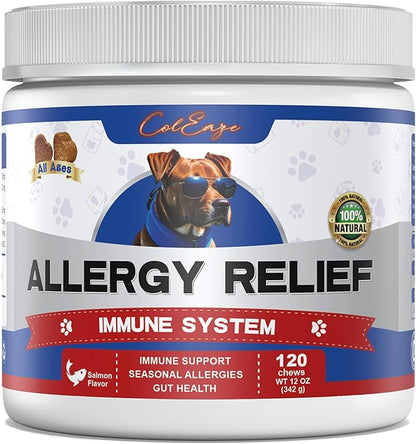 ColEzae Allergy Relief for Dogs, Anti-Itch Chew Treats for Dry Skin, Itchy Paws, Licking, Seasonal Allergies, Omega 3 and Herbal Supplement