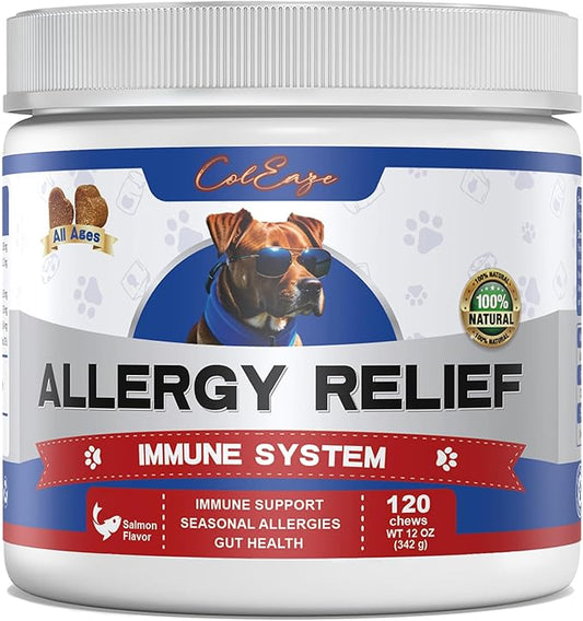 ColEzae Allergy Relief for Dogs, Anti-Itch Chew Treats for Dry Skin, Itchy Paws, Licking, Seasonal Allergies, Omega 3 and Herbal Supplement