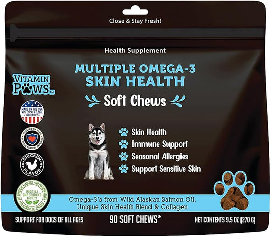 Multiple Omega 3 Chews for Dogs | Wild Alaskan Salmon Fish Oil Supplements with Collagen, MSM, Krill, EPA, DHA, | Essentials for Itching Skin Allergy, Joints, Coat Shedding Support