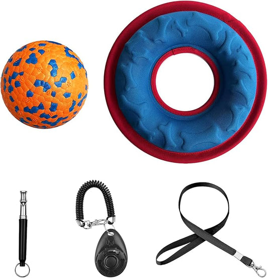 Dog Training Kit include Dog Training Clicker with Wrist Strap, Dog Whistle with Black Strap Lanyard, Dog Flying Discs, Dog Toy Balls, Suitable for Small Medium Dogs Training Tools (dark-colored)